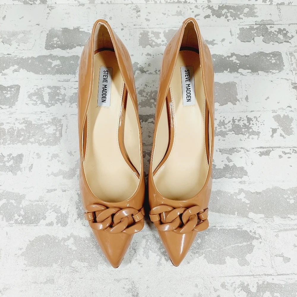 New Steve Madden Lalette Chainlink Pointed Toe Camel Pump Heels O456 - Picture 9 of 12